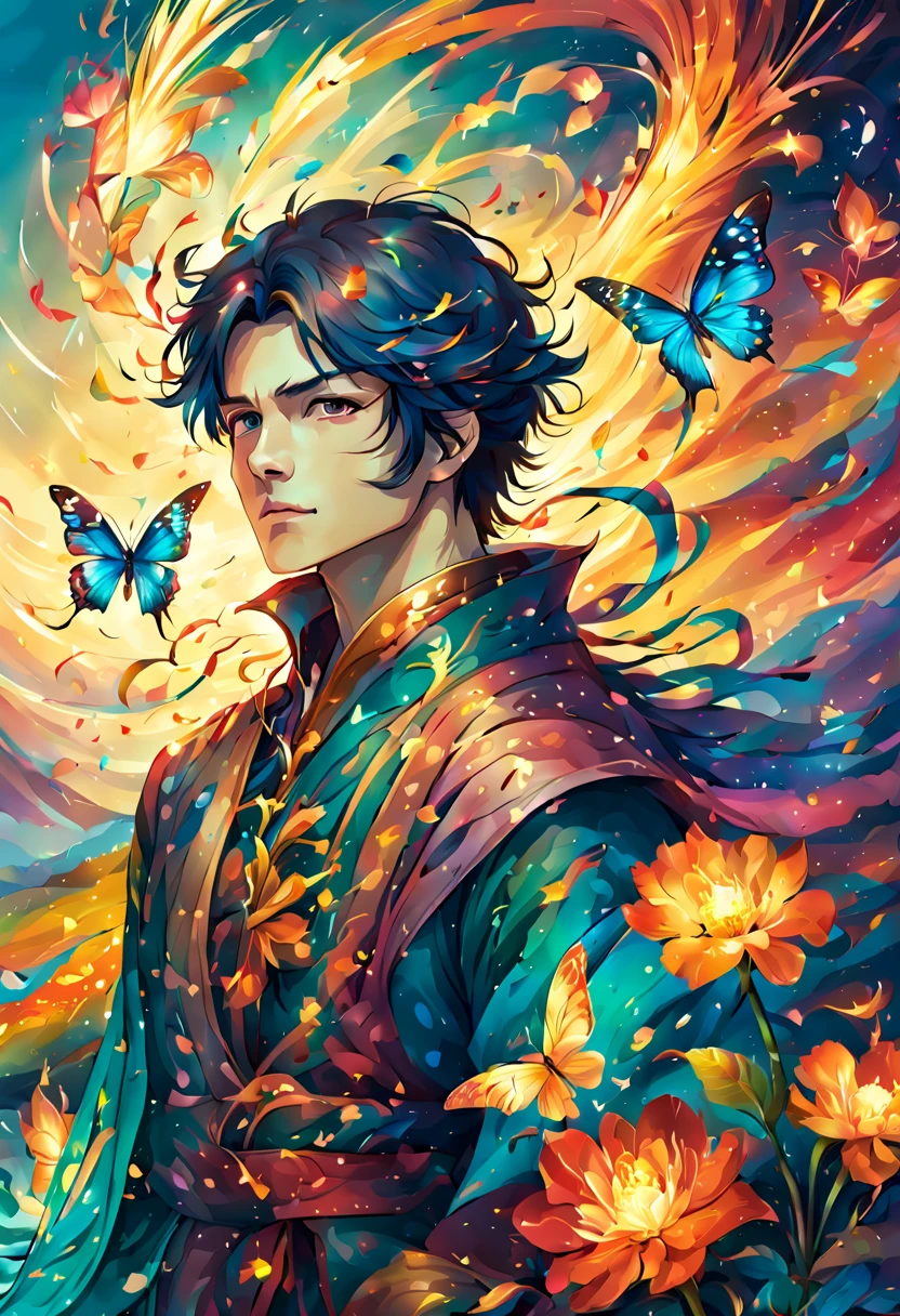 hero,(masterpiece, highest quality:1.2),Windの精霊,male:17 years old:perfect face,dance,butterfly々,flower,Wind,effect,become familiar with,magic effect,light,すごくlight, artistic, artist, color art, Use of magic,fancy,fantasy,beautiful,最高masterpiece,masterpiece,Sparkling,rich colors,colorful,colorfulな呪文を唱える,become familiar with,beautiful光と影,sounds like fun, Isn&#39;t that so??,anatomically correct,Windのeffect,dream-like,fantasy,Mysterious,Lakeside