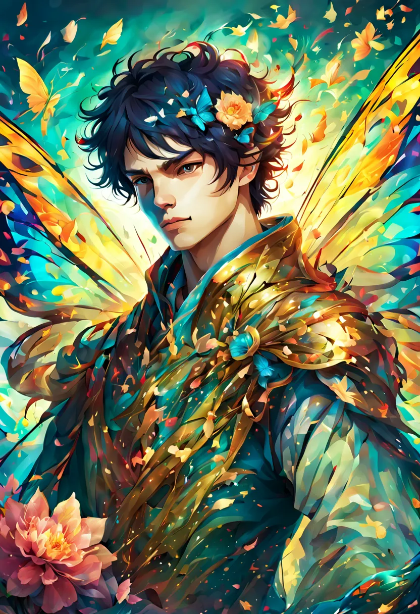 hero:brave,(masterpiece, highest quality:1.2),windの精霊,male:17 years old:perfect face,dance,butterfly々,flower,wind,effect,become ...