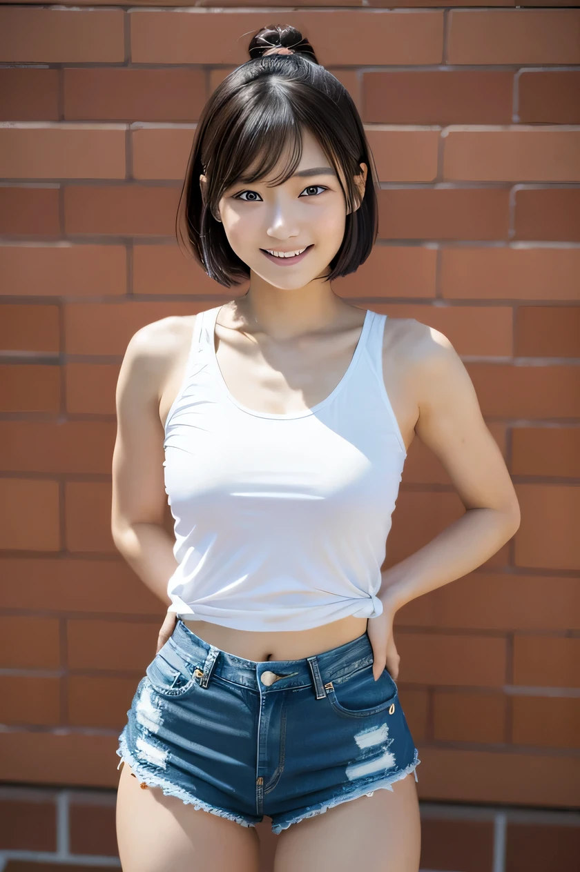 one japanese girl, (a beauty girl, delicate girl:1.3), (16 years old, gal:1.3), (denim shorts:1.2), very fine eye definition, (symmetrical black eyes:1.3), stare at the camera, A big smile, show teeth, (trackfield view:1.2), small breasts, brown short hair, girl, (eyes and faces with detailed:1.5), (masterpiece, best quality, ultra detailed, detailed face, 8k), Swayback stance