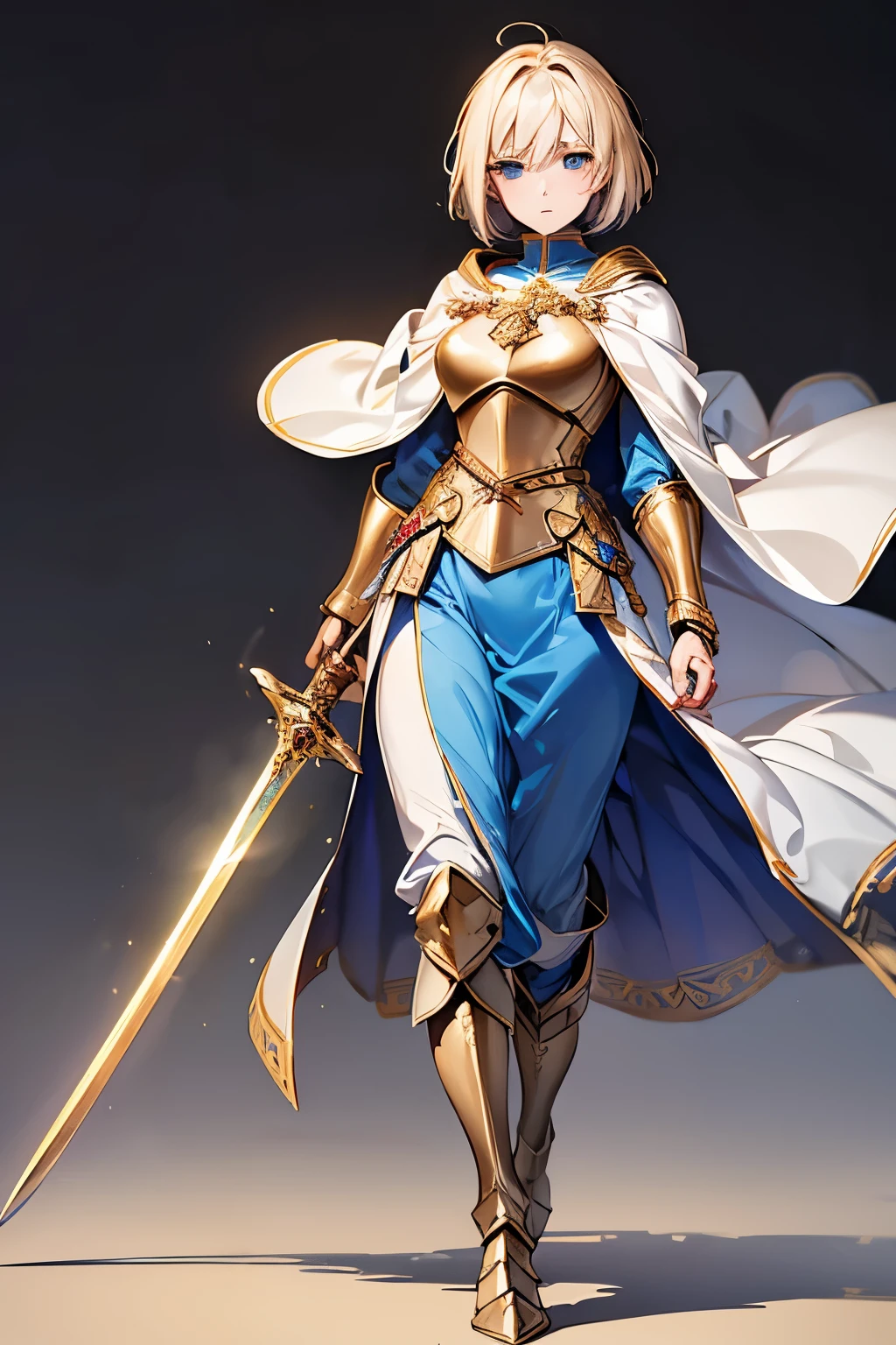 (best quality:1.4), female warrior, female knight, Holy Sword, Rapier, beautiful Hero Joan of Arc, iridescent blonde short bob cut, two side up with red ribbon, superlative body proportion, wearing (white and blue costume, long boots, cloak, gold plated decoration), background medieval battlefield