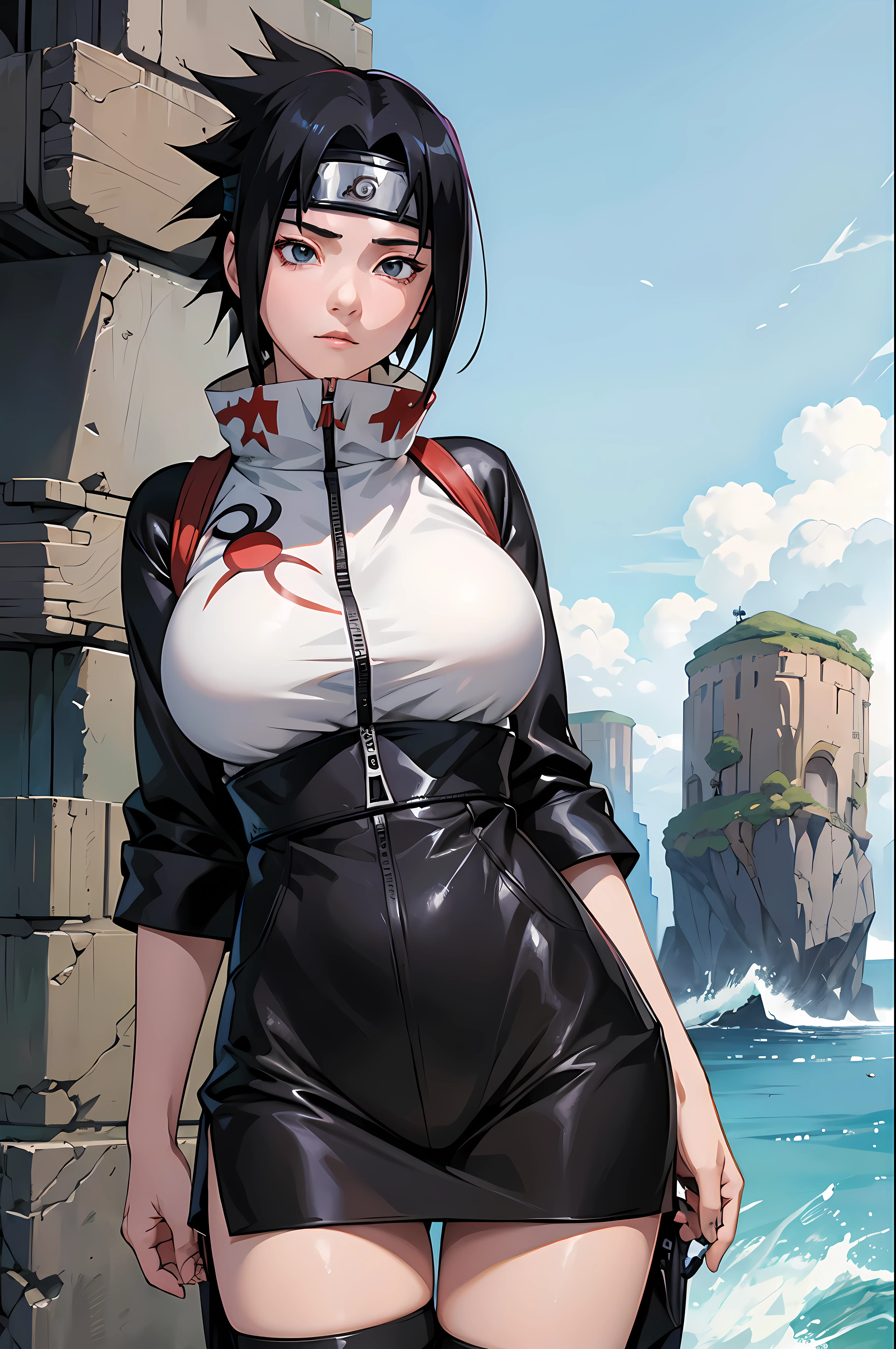 In naruto anime, Sasukr Uchiha can be seen wearing her iconic outfit with her Sharingan eyes activated, as she confidently standing at cliff top, gigantic breast,  white short pants and black shirt, masterpiece, detail, lens glare