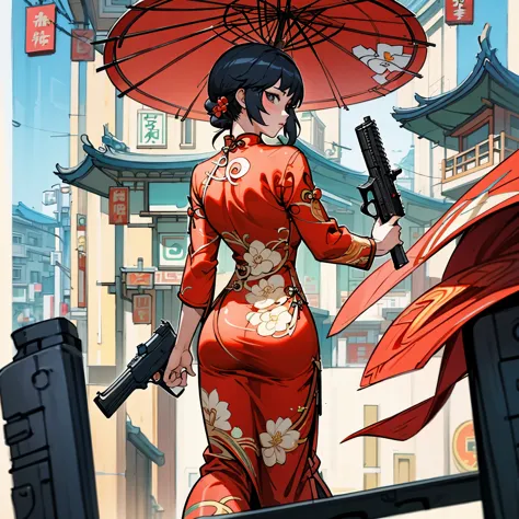 there is a woman in red holding a gun, gta chinatown art style, back view，back view，back view，butt close-up，wearing a red cheong...