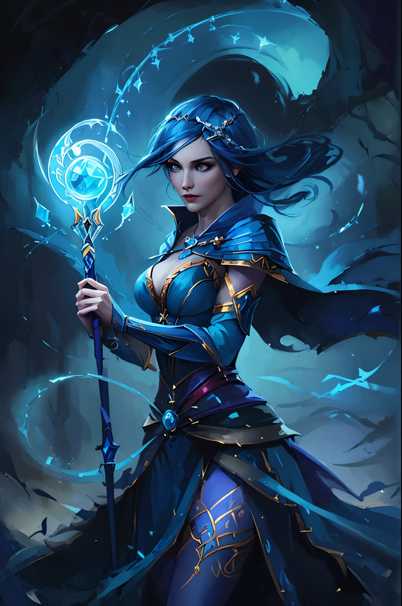 a woman with a wand and a blue dress holding a wand, fantasy card game art, painted in the style arcane, beautiful sorceress, sorceress, epic mage girl character, a beautiful sorceress, magic the gathering sorceress, epic fantasy digital art style, female mage, beautiful sorceress female