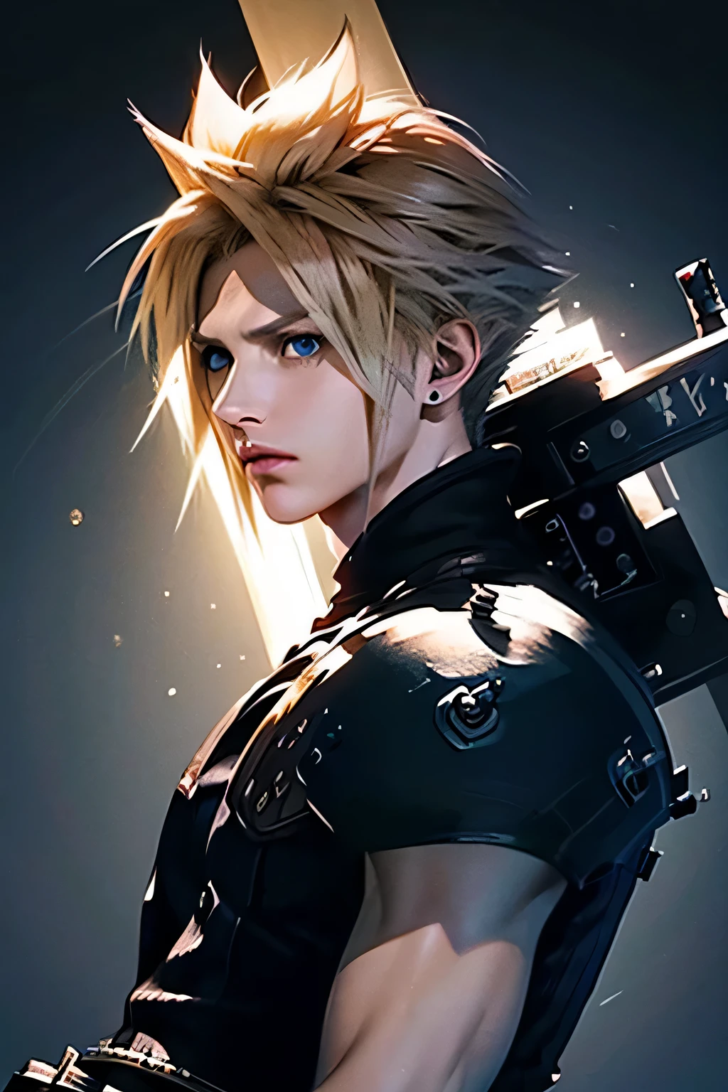 (8k、mais alta qualidade、Uma obra-prima:1.2)、(Realista、fotorrealista:1.3)、Super Detalhado, (((1 guy))), a close up of a person holding a big sword in a city, (((cloud strife))), a photo of cloud strife, thancred waters in style of wlop, cloud strife from final fantasy, thancred waters, johan liebert mixed with alucard, from final fantasy, badass anime 8 k, final fantasy character, by Yang J, from ff7