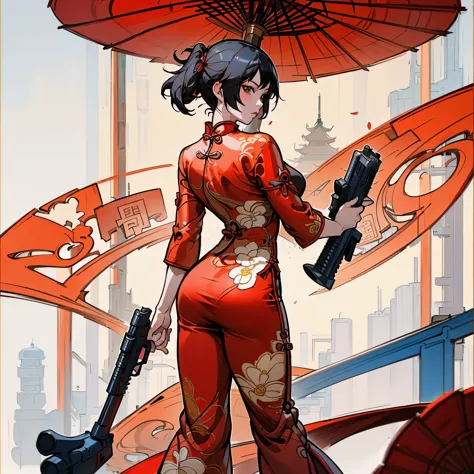 there is a woman in red holding a gun, gta chinatown art style, back view，back view，back view，butt close-up，wearing a red cheong...