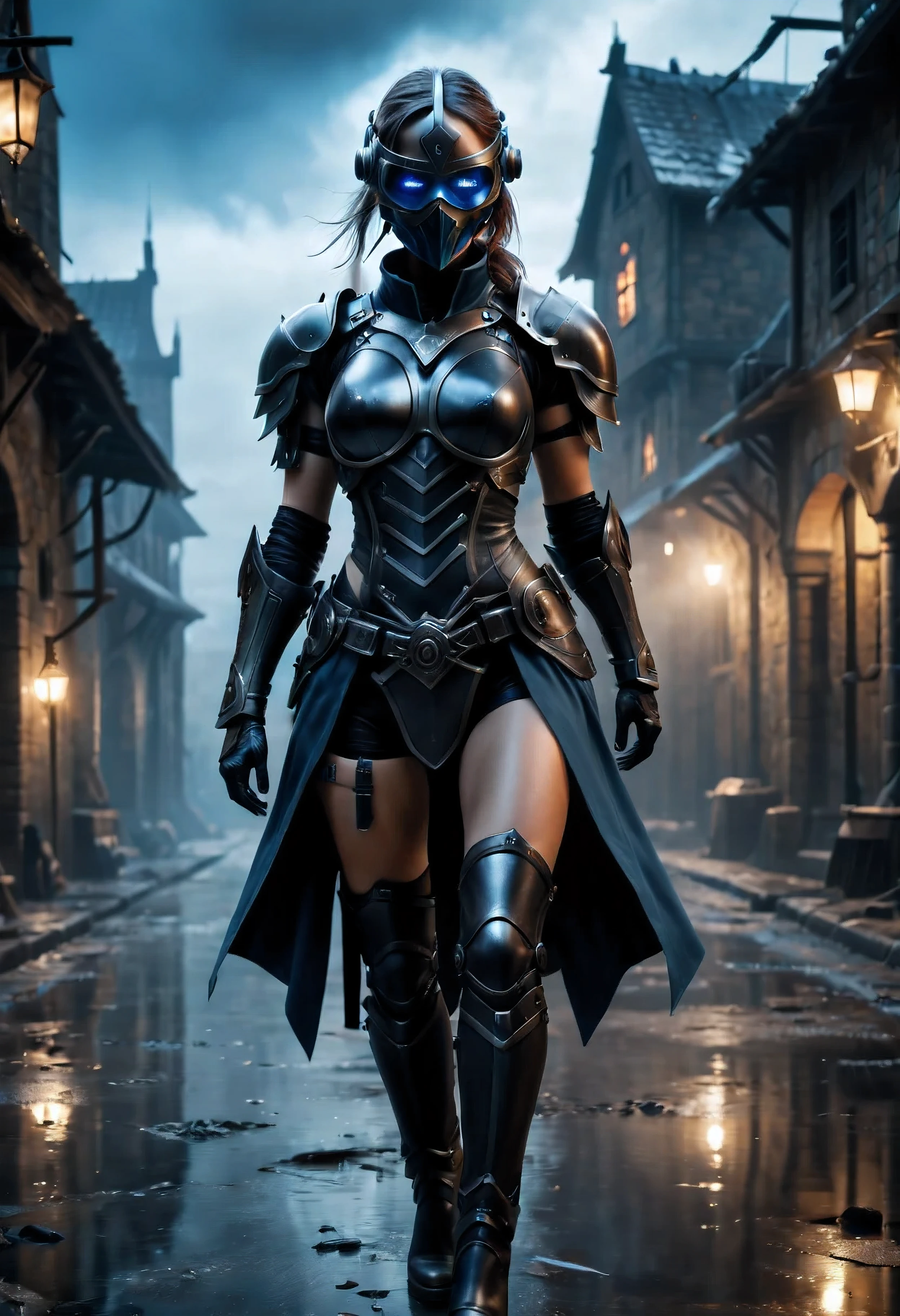 (best quality,4k,8k,highres,masterpiece:1.2),ultra-detailed,(realistic,photorealistic,photo-realistic:1.37),female future tech soldier dressed with black face mask,medieval village background,futuristic armor, glowing blue visor, futuristic weapon,advanced exoskeleton,sci-fi,nighttime,foggy atmosphere,dark clouds,heavy rain,moody lighting,medieval ruins,gritty textures,mysterious aura,sharp shadows,steampunk elements,post-apocalyptic,grim and dystopian feel,desolate streets,abandoned buildings,steam rising from vents,high-tech gadgets,advanced holographic displays,enhanced vision capabilities,excellent aim and agility,intense focus,covert operation,technology merging with ancient world,contrast between old and new,secrets of the past,uncertain future,monumental task ahead.