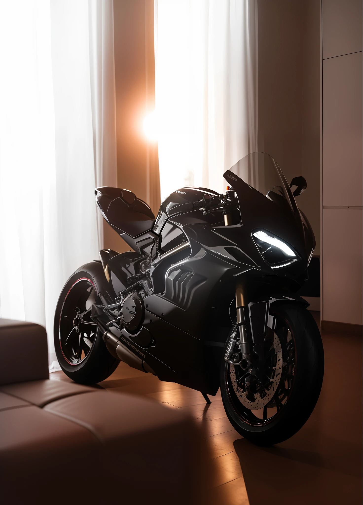 Ducati Panigale v4 🖤 motorcycle parked in front of a window in a living room, motorcycle, beautiful and cinematic lighting, motorcycles, with cinematic lighting, cinematic morning light, cinematic front shot, with photorealistic lighting, hyper realistic lighting, hyper - realistic lighting, with dramatic lighting, futuristic motorcycle, sports car in the room, very besautiful ambient light, motorbike