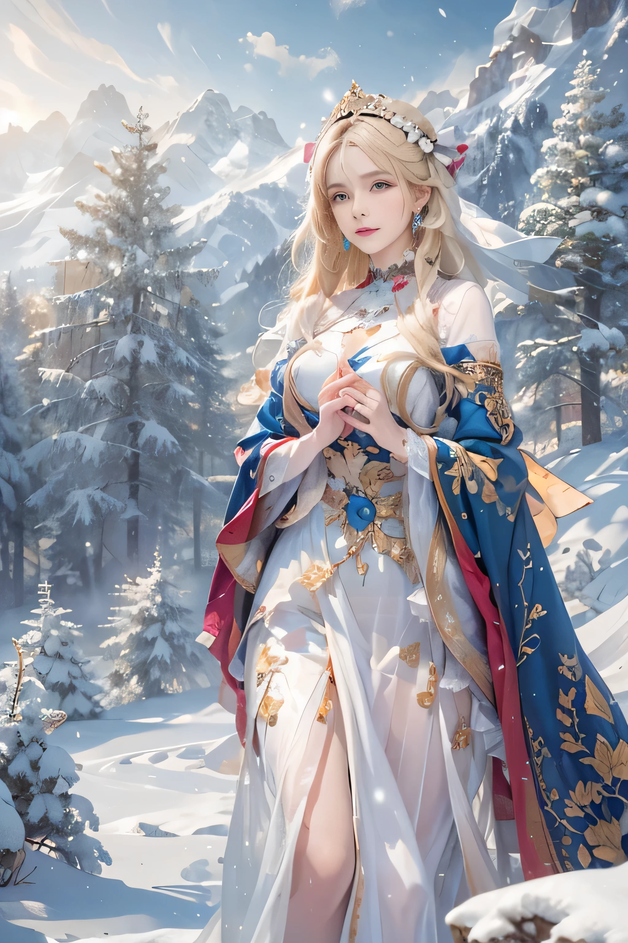 (photorealistic:1.8, highest quality:1.8,8K Masterpiece:1.8,High resolution,muste piece:1.8),A 23-year-old woman standing on a snow mountain,fantasy,(transparent mini dress、Transparent Shawl、Elegant earrings、choker), beautiful detailed blue eyes:1.7,double eyelid:1.6,beautiful skin:1.8, (looking at the camera:1.2),(Photo seen from below:1.3),(long Hair:1.2,beautiful shining blonde hair:1.5), expression(Impish Smile:1.3,face turns red:1.3),(Moderate chest:1.3),tracing(Seductive pose:1.5),background(snow scene:1.5,snow mountain:1.3,fairyland forest),(Slender:1.2),(detailed perfect face),normal hands:1.5,normal finger:1:5,normal feet:1.5,(cameltoe)