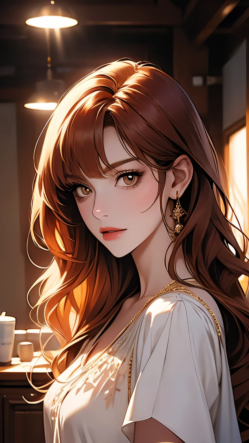 portrait of, redhead, yellow-white eyes, long hair, redheadの髪, wavy hair, bangs, background golden hour, null, to the chest, White blouse with ruffles, race, tattoo on neck, tv tattoo