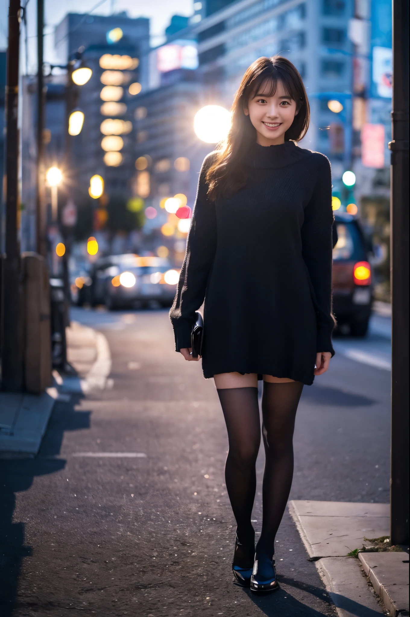 ulzzang-6500-v1.1,  (RAW photo:1.2), (Photoreal), beautiful detailed girl, (genuine: 1.4), very detailed目と顔, ((pastel colour、knit dress、Super realistic black tights))、((City of night:1.4)), Self snap, Instagram、game_ticker, huge file size, High resolution, very detailed, highest quality, [masterpiece:1.6], enlightenment, very detailed, nffsw, finely, highest quality, 8k wallpaper, movie lighting, 1 girl, 17 years old, perfect body shape, cute droopy eyes beautiful big eyeuste piece)), highest quality, 1 girl, eye shadow,  portrait, ((full body shot:1.4))、(very kind smile:1.2)、realistic skin texture、shiny skin、exposed thighs!!!