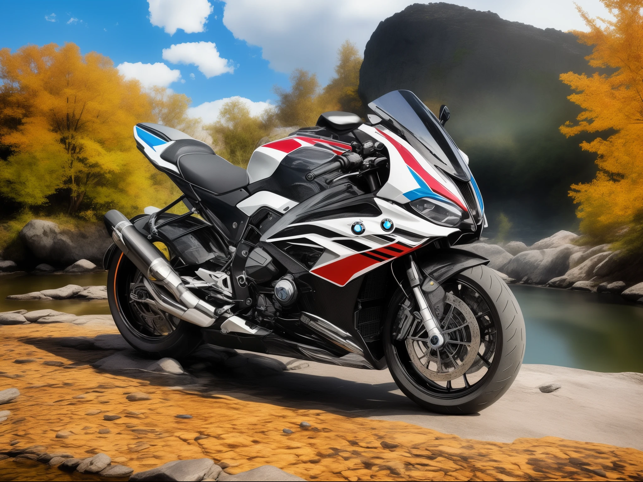 BMW motorcycle parked on a rock near a river, high contrast hyperrealism 8k, [ 4 k photorealism ], digitally painted, hyper realistic style, hyper realistic color photo, motorcycle, photorealistic colors, rendered in lumion pro, hyperrealism artstyle, motorcycles, [ 4 k photorealism ]!!, highly detailed composition, hyper realistic detailed render