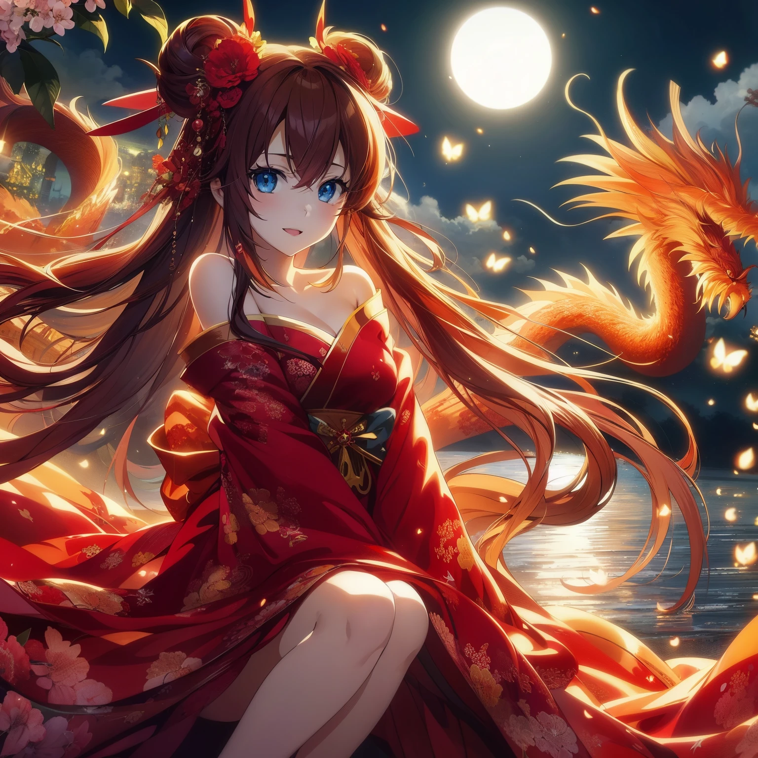 Anime girl with long hair and red dress sitting on the ground, anime style 4k, anime art wallpaper 8k, anime art wallpaper 4k, Anime Art Wallpaper 4k, anime wallpaper4K, anime wallpaper4k, 4kanime wallpaper, 4k comic wallpaper, night nucleus, hd anime wallpaper, anime wallpaper, Beautiful fantasy anime, beautiful anime girl