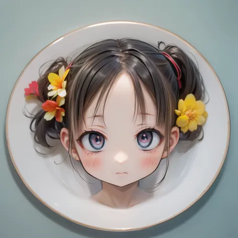 ((Flat plate with anime characters drawn on it)) 、The chibi girl&#39;s deformed face and playful expression、Making this dish a unique and captivating work of art。The level of detail in this image is、will be awe-inspiring。
