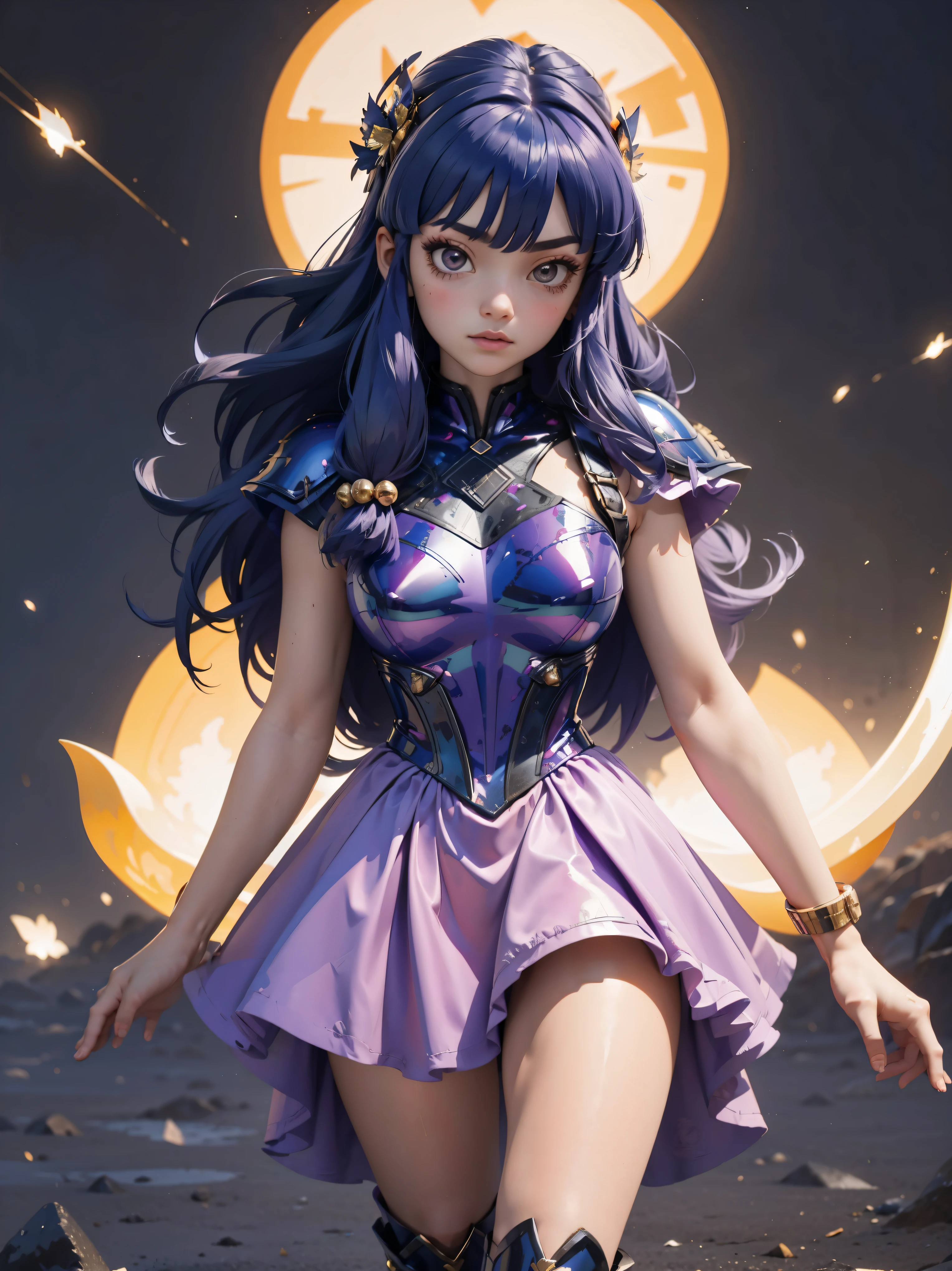 Purple hair anime girl with purple metallic armor, 16 yrs old, Body cute, breasts big, posture of fight, Combat posture, sexy girl, purple hair with braid, beautiful lighting, softshadows, blue colored eyes, pretty legs, anime styling, personagem shampoo, Autora Rumiko Takahashi, Based on a work by Rumiko Takahashi, Anime Ranma 1/ 2, decote sexy, robust hip, fully body, complete body, Bust Big, young girl with beautiful and beautiful body, young short girl, purple metallic armor dress, anime girl, anime styling, red hair with braid, beautiful light, Gleaming metal armor, complete body, black boots on feet, purple hair, holding sword on shoulders, 45º viewing angle,  long boots on feet, Black boots