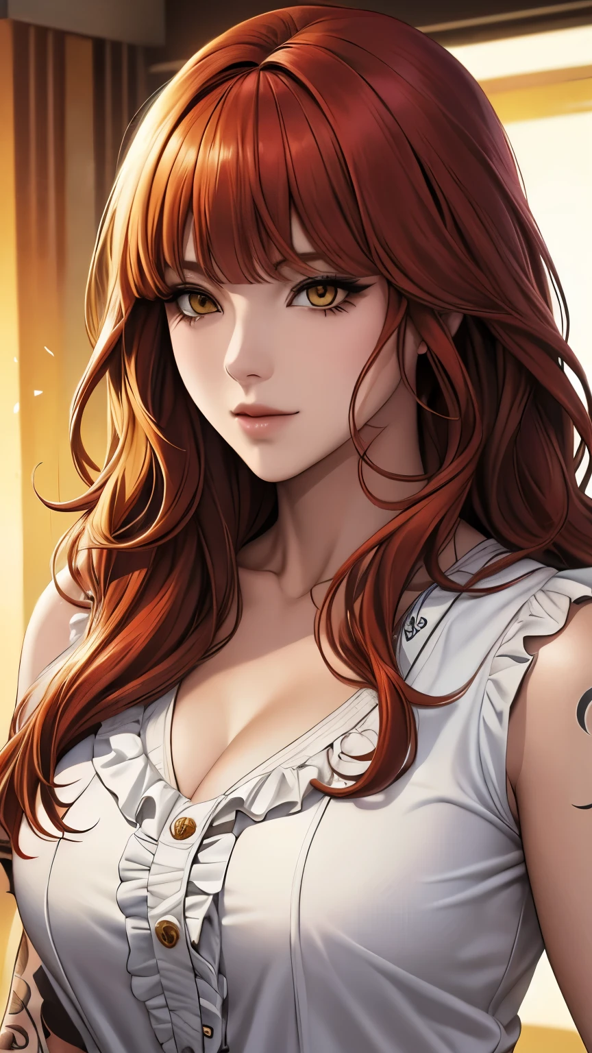 portrait of, redhead, yellow-white eyes, long hair, redheadの髪, wavy hair, bangs, background golden hour, null, to the chest, White blouse with ruffles, race, tattoo on neck, tv tattoo