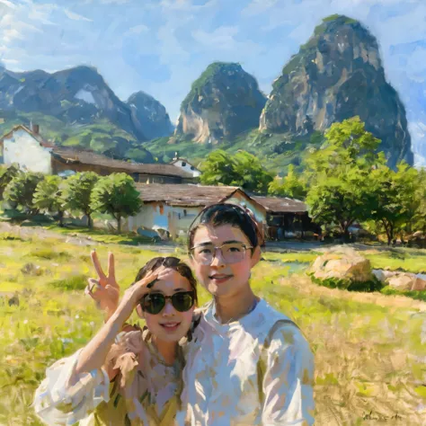 there are two people standing in a field with mountains in the background,A masterpiece on canvas in the style of Claude Monet, ClaudeMonet,A middle-aged brunette woman, ssmile, Extremely beautiful, Detailed landscape, Hyper-realistic, Elements of symbolis...