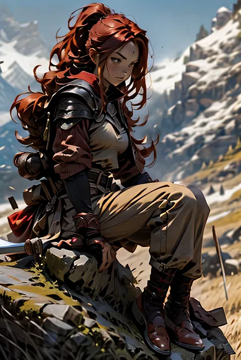 beautiful woman with long red hair，red clothing，brown belt，sit on stone，holding a long sword，dark night，mountains behind you，the...