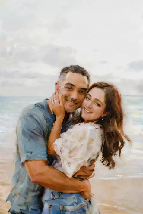 a man and woman hugging on the beach with the ocean in the background,A masterpiece on canvas in the style of Claude Monet, ClaudeMonet,A middle-aged brunette woman, ssmile, Extremely beautiful, Detailed landscape, Hyper-realistic, Elements of symbolism an...