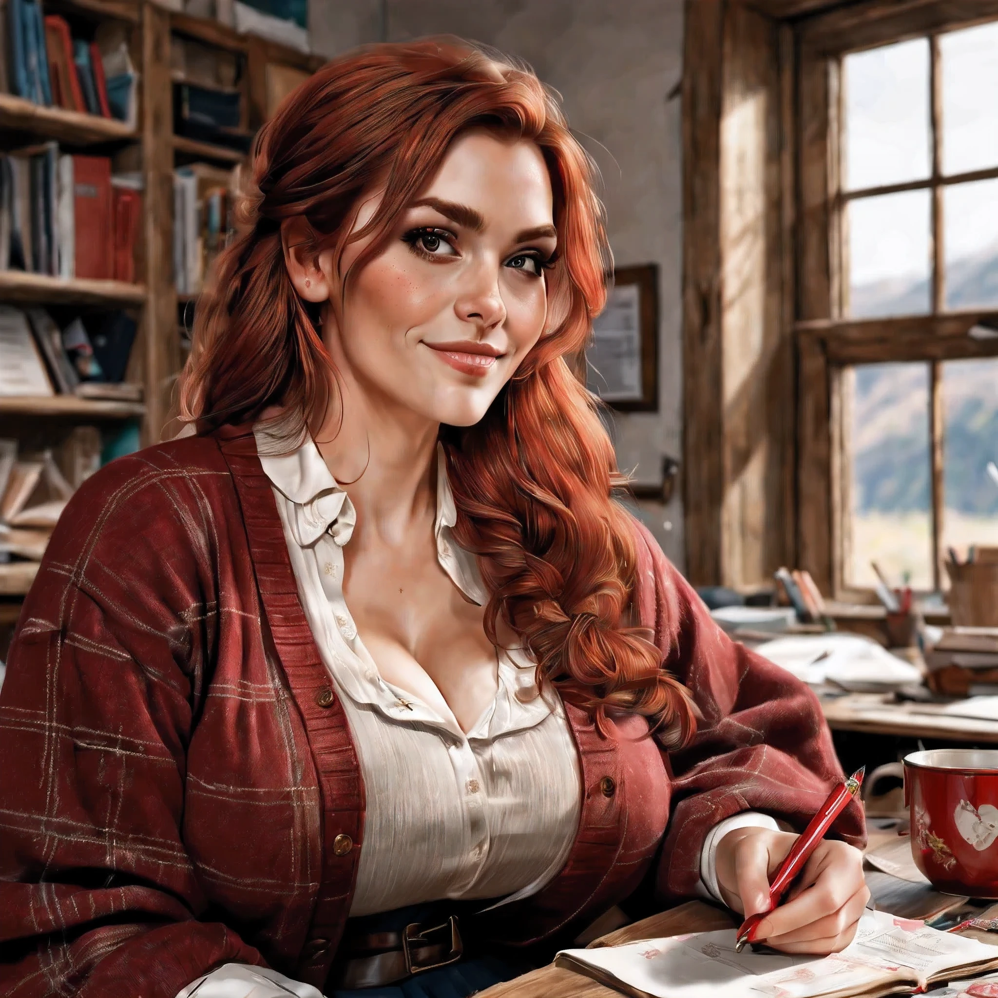 (photorealistic), (profile view: 1.5), a beautiful 30-year old Scottish woman sitting in a rustic and messy teacher's office, She's holding a piece of pape. a red pen in her hand. Tea cup and tea can on the table. She has brownish-red hair, light skin and freckles, (black eyebrows:0.8), and high cheekbones, brown eyes, downturned eyes, (smile: 0.8), (voluptuous), (massive breasts), (sagging breasts). She is wearing a red tweed skirt. BREAK a cardigan. (Highly detailed, intricate, best quality, 8k),