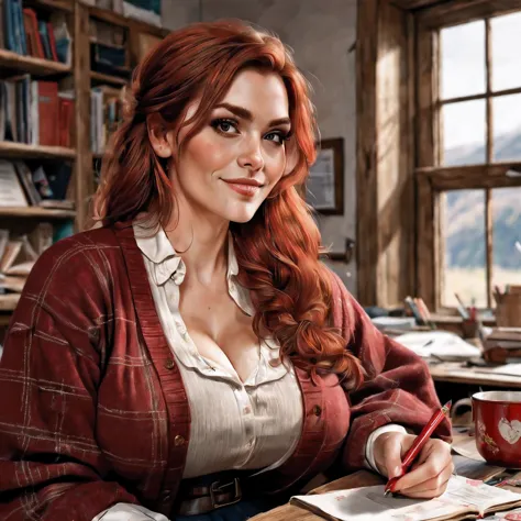 (photorealistic), (profile view: 1.5), a beautiful 30-year old scottish woman sitting in a rustic and messy teacher's office, sh...