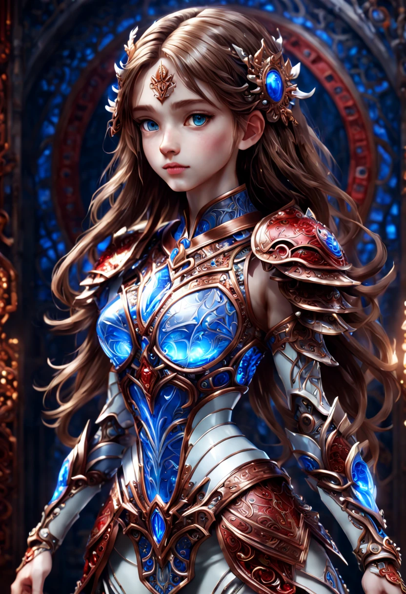 front_view, (1 girl, looking at viewer), long brown hair, Mechanical white armor, Complex armor, Delicate blue filigree, Complex filigree, Red metal fittings, Detailed part, dynamic poses, Detailed background, Dynamic lighting,