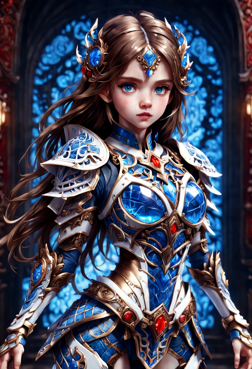 front_view, (1 girl, looking at viewer), long brown hair, Mechanical white armor, Complex armor, Delicate blue filigree, Complex filigree, Red metal fittings, Detailed part, dynamic poses, Detailed background, Dynamic lighting,