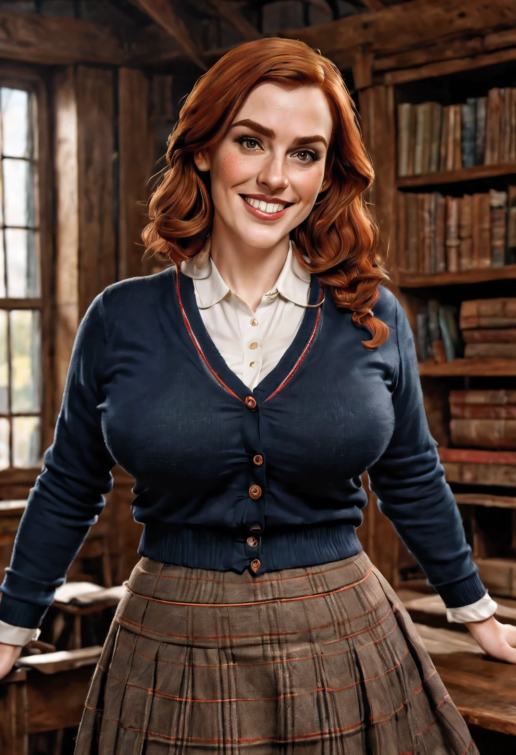 (photorealistic) a beautiful 30-year- old Scottish woman teaching in a vintage classroom, She has brownish-red hair, light skin and freckles. (black eyebrows:0.8), high cheekbones, brown eyes, downturned eyes. (smile:0.8), (voluptuous), massive breasts, sagging breasts. She is wearing a tweed skirt and a cardigan. (highly detailed, intrixate, best quality, 16K), (masterpiece), UHD,
