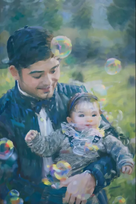 araffe man holding a baby in a park with bubbles,masterpiece on canvas in the style of Claude Monet, ClaudeMonet,A middle-aged brunette woman, ssmile, Extremely beautiful, Detailed landscape, Hyper-realistic, Elements of symbolism and surrealism, intricate...