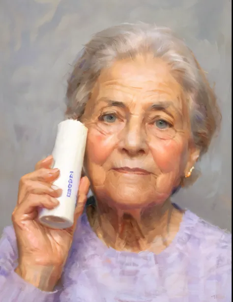 older woman holding a tube of toothpaste in front of her face,masterpiece on canvas in the style of Claude Monet, ClaudeMonet,A middle-aged brunette woman, ssmile, Extremely beautiful, Detailed landscape, Hyper-realistic, Elements of symbolism and surreali...