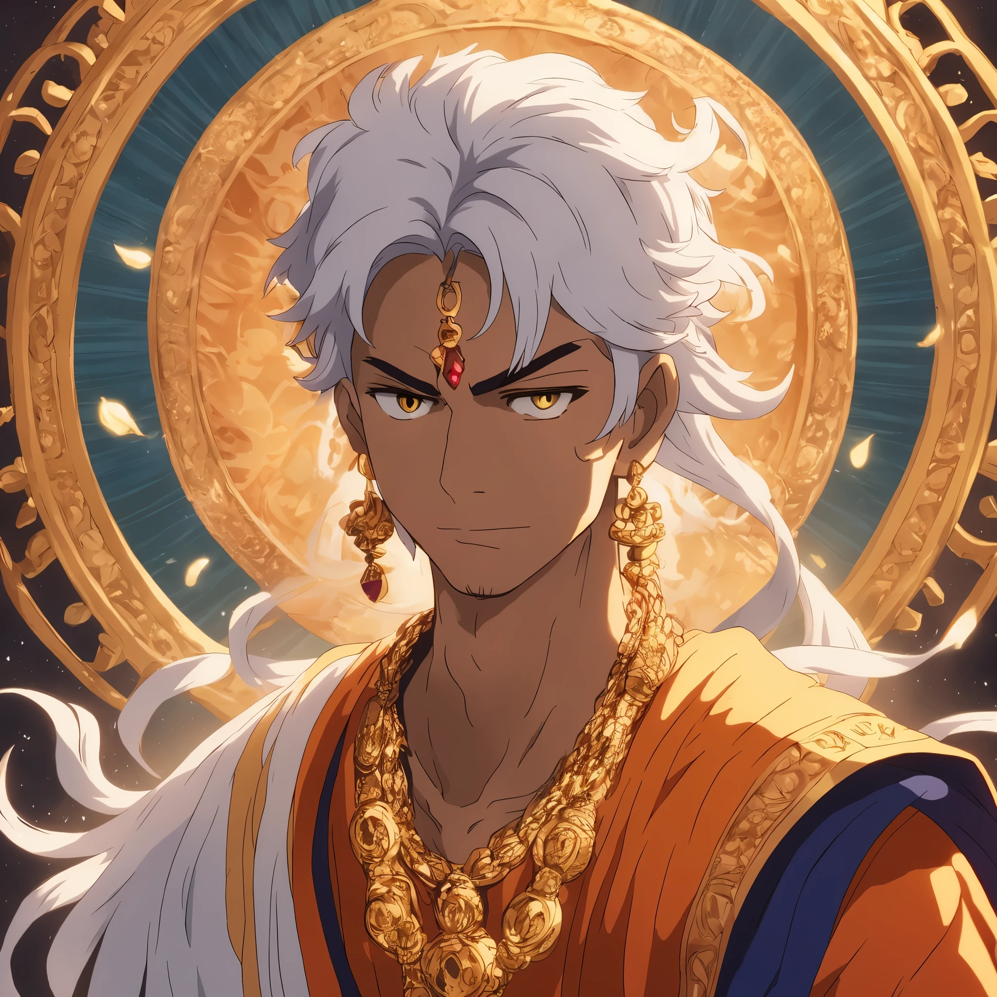 um close-up de uma pessoa com cabelo branco e um colar de ouro, divindade de cabelos brancos, cara bonito na arte do matador de demônios, divindade masculina atraente, arte digital detalhada de anime, inspirado em Kailash Chandra Meher, Ashoka Tano, arte detalhada de personagem de anime, estética hindu, retrato de anime de um homem bonito, Fanart detalhada, Ilustração digital de anime