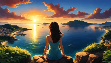 Inland Sea、Rear view of a girl watching the sunset、Enjoy a panoramic view of the island&#39;s cityscape