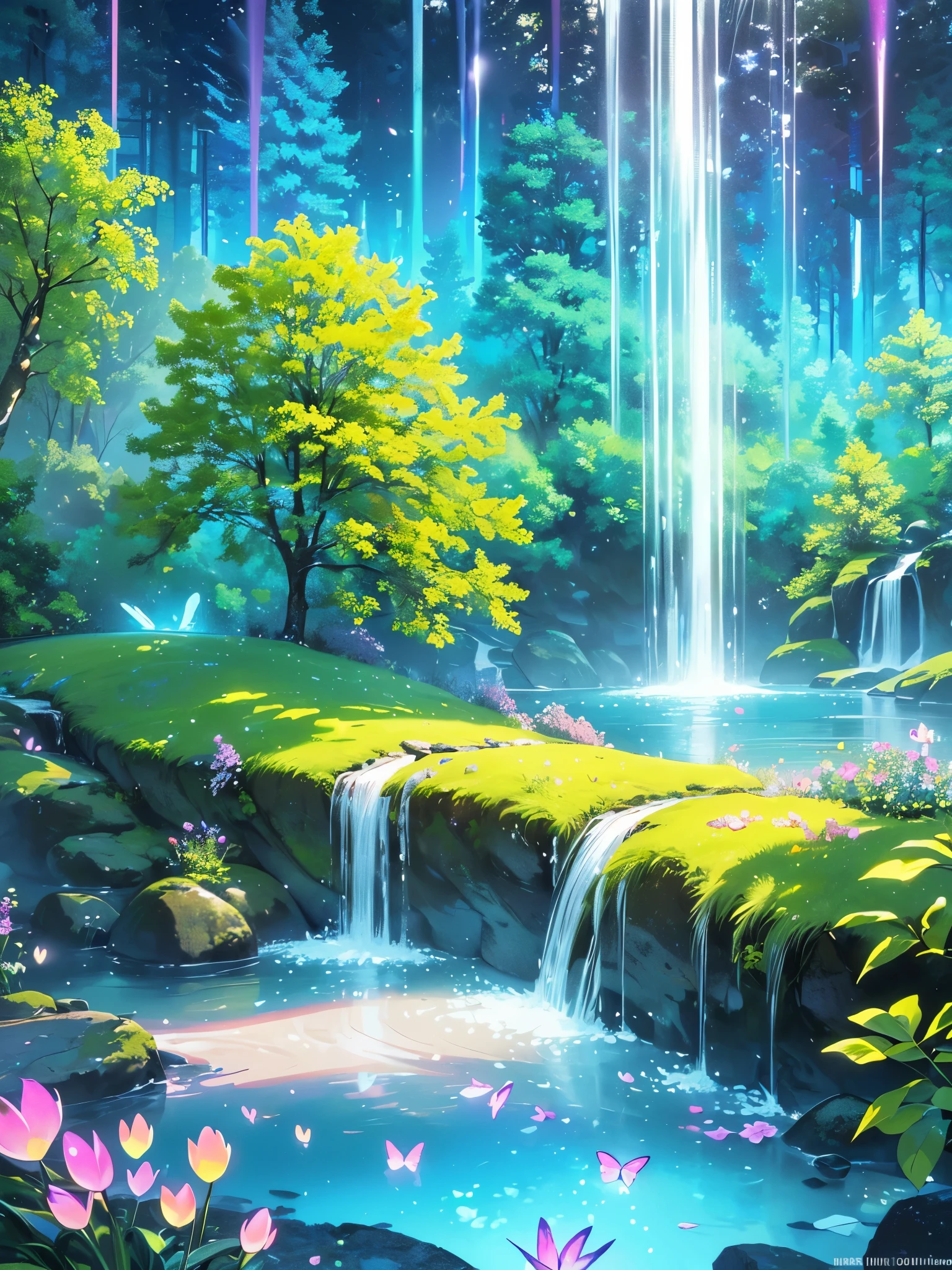 A mystical and enchanted forest, with luminous flowers, multicolored neon butterflies, crystal clear water that flows from a waterfall, beautiful trees, (((unique view with extremely vivid multicolors without any people))), in the background of the scene a mystical elk , {extremely detailed 16k CG unit wallpaper}, expansive landscape photography, (a low angle view focusing on the character and the sky above), (wide open field view), (low angle shot), ( high light: 1.4), (low light: 1.2), (warm light source: 1.6), complex details, (iridescent colors: 1.6), (bright lighting), (atmospheric lighting), Dreamy, unique, no people, reflections perfect