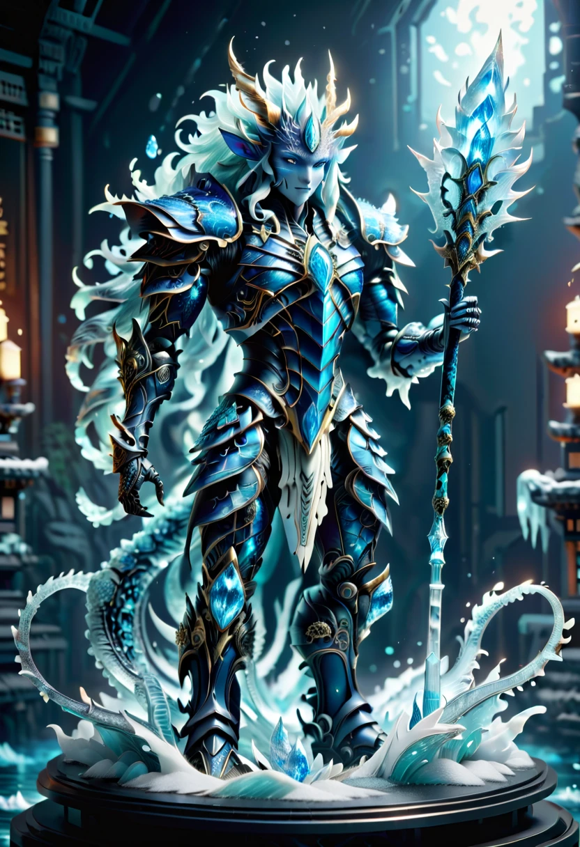 ocean，huge waves, （Demon God Altar Fighter，Water God:1.5）, Mechanical arm，(Mechanical Crystal Spear:1.5），((Heroes from another world))，The interior shimmers with icy blue and white, full-body shot，thin and long，dark blue eyes，Curly ears，(Wearing ancient Japanese mechanical armor:1.8)，Smile，blooming waves，octane rendering, Ray tracing, Volumetric lighting，backlight，edge lighting, 8k, high dynamic range，Highly meticulous and clean, beauty，meticulous，Complex, F41Arm0rXL