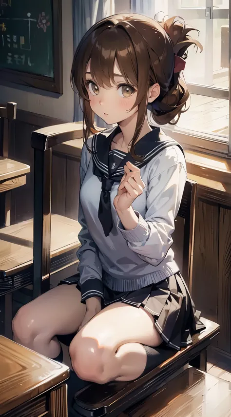 (masterpiece, best quality:1.2),illustration,8k,hd,1girl,solo,upper body,(portrait:1.2),brown_hair,folded_ponytail,brown_eyes,se...