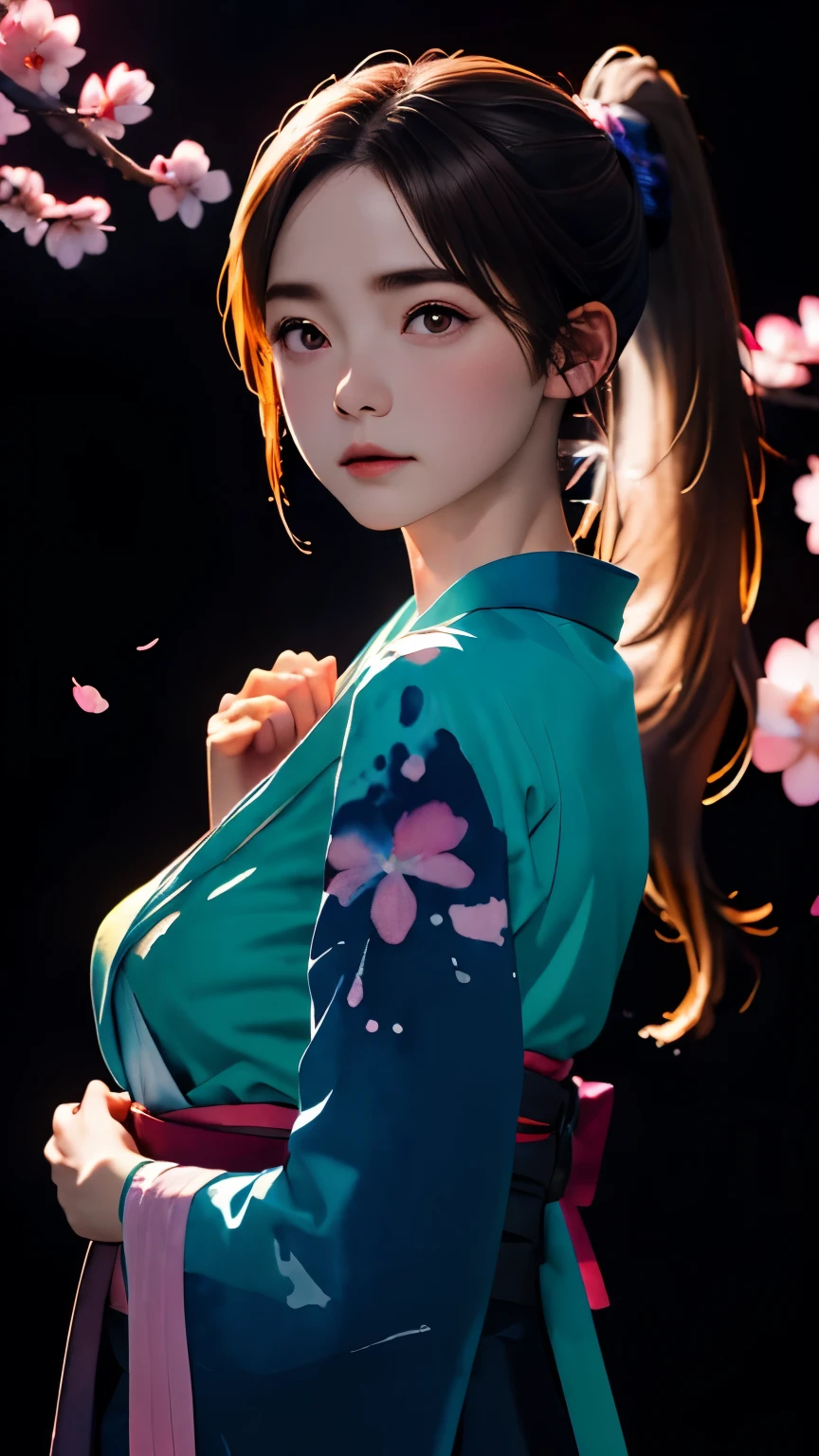 (((dark watercolor background:1.3)))、one girl、１６talent、anatomy、small face、small、small鼻、Pale pink eyes、Loosely braided low ponytail、brown hair、small breasts、Beautiful kimono、Yamato Nadeshiko、Shinsengumi&#39;s Happy、dharma quilt、random pose、(((Night Time 1:1.1)))、Cherry blossoms at night、Yoshino cherry tree、beautiful cherry blossoms、highest quality、High resolution、High resolution、cinematic lighting、professional photographer