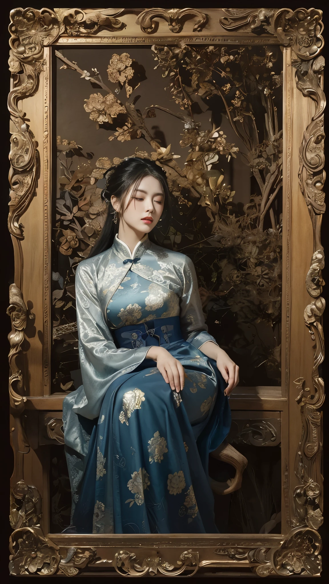 A Chinese woman with delicate features, closed eyes, and full, slightly parted lips, her complexion a smooth gradient of monochromatic sepia tones, blue hair adorned with a myriad of intricate, swirling elements, gears, floral patterns, beads, and dangling ornate jewelry, conveying a sense of serene contemplation; steampunk-inspired Victorian style with an infusion of organic and mechanical aesthetics; a serene, statuesque pose evoking tranquility; a high-contrast sepia monochro