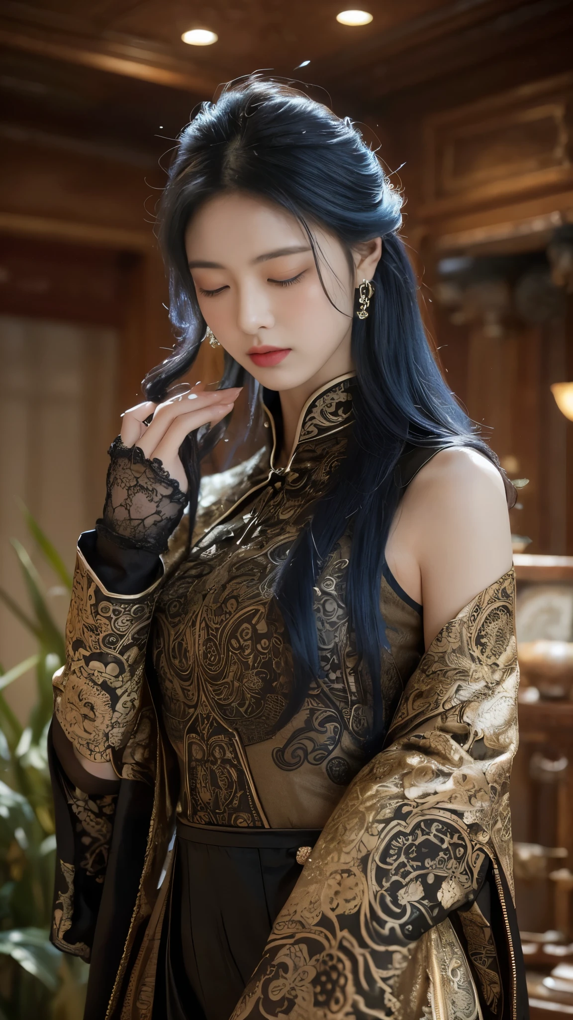 A Chinese woman with delicate features, closed eyes, and full, slightly parted lips, her complexion a smooth gradient of monochromatic sepia tones, blue hair adorned with a myriad of intricate, swirling elements, gears, floral patterns, beads, and dangling ornate jewelry, conveying a sense of serene contemplation; steampunk-inspired Victorian style with an infusion of organic and mechanical aesthetics; a serene, statuesque pose evoking tranquility; a high-contrast sepia monochro