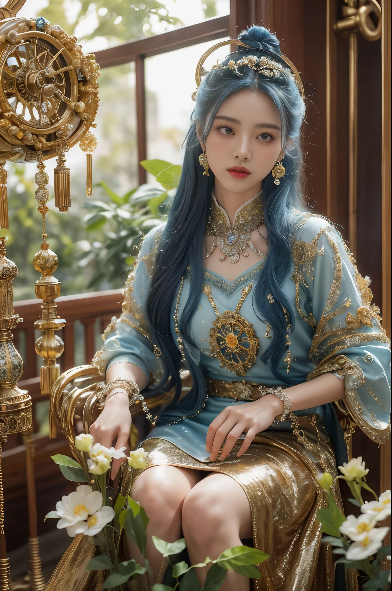 A subtle Chinese woman with a subtle characteristic, full lips, a smooth tan tan tone, blue hair, and blue hair are decorated with countless complex vortex elements, gears, gears, flower patterns, beads, beads, beads, beads, beads, beads, beads, beads, beads, beads, beads, beads, beads, beads, beads, beads, beads, beads, beads Hanging gorgeous jewelry conveys a tranquil contemplation; the Victorian style inspired by steam punk is injected into organic and mechanical aesthetics; the tranquil statue postures tranquility; -v2: 1.0>