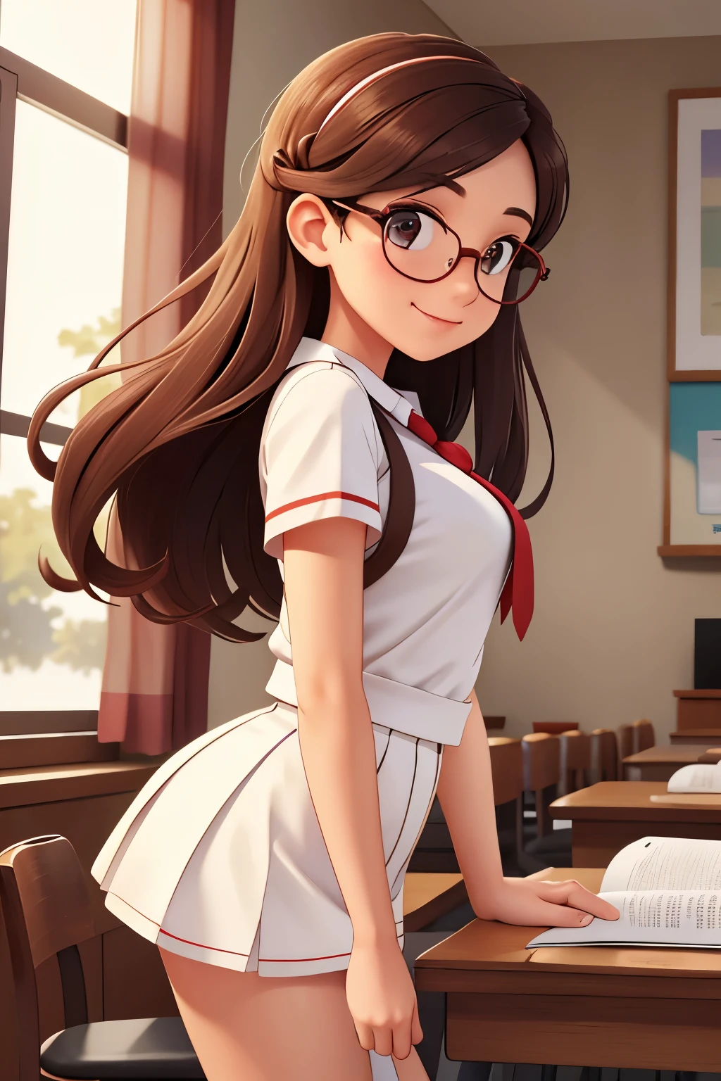 (A :1.3),(Masterpiece, Best quality:1.4), (Beautiful, Aesthetic, Perfect, Delicate, Intricate:1.2),((Best quality)), ((Masterpiece)), (Detailed),(A high resolution:1.2), Classroom, An adult female, Smiling Claudia Chever, Red shirt, White skirt, Glasses, Bend over, angle of view,