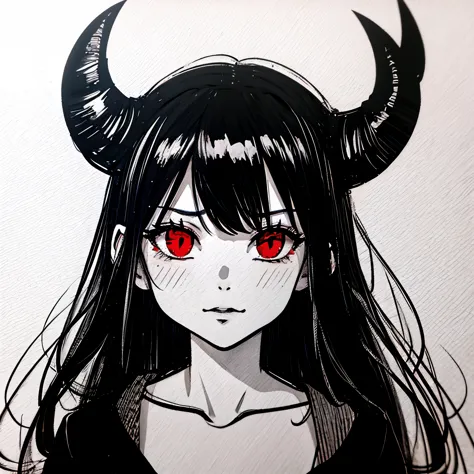 make a horror portrait of a devil horned girl with red eyes in black and white colors