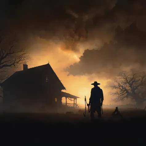 A silhouette of a man helping poor farmers defend their home, evil day sky speckled with stars, natural light illuminating the perfect features of the scene, intricate matte painting for a movie poster, aligned with the golden ratio, creating an ominous ye...