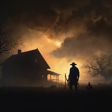 A silhouette of a man helping poor farmers defend their home, evil day sky the sun shining through the clouds, natural light illuminating the perfect features of the scene, intricate matte painting for a movie poster, aligned with the golden ratio, creatin...