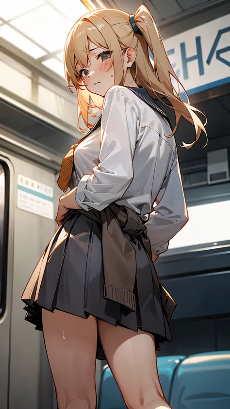 crowded train、(middle-aged man hugs his girlfriend from behind)、(rub her breasts)、blonde、side up hair、high school girl、blush、shy、thin、Muchimuchi、日本のhigh school girl、8k、Dramatic sentences、Very delicate image quality、dislike、thighs、white socks、leaning forwar...