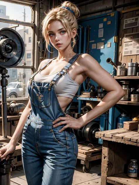 4K UHD photo, busty female mechanic in a workshop, arched back, wearing blue overalls, holding a wrench, blonde bun hair, master...