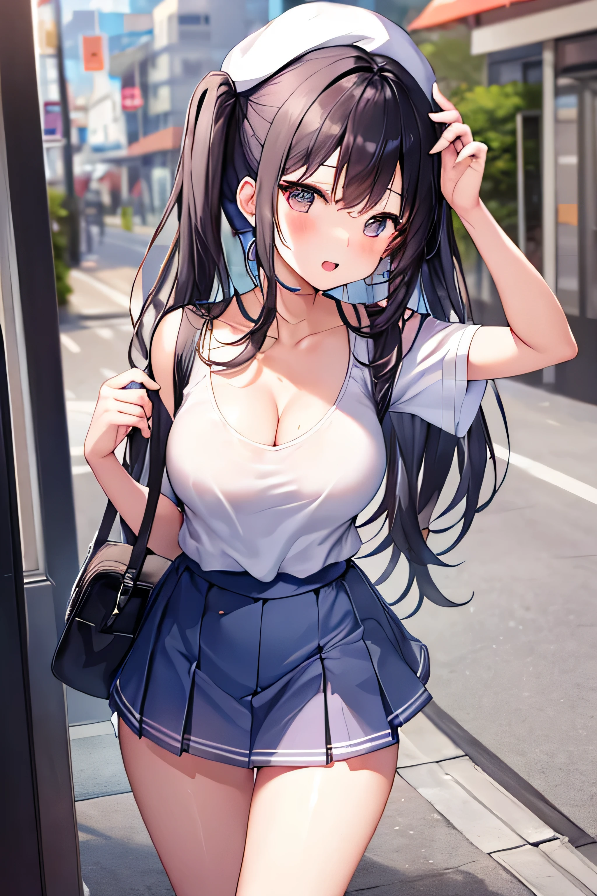 Anime girl in a short skirt and a sailor hat walking down the street -  SeaArt AI