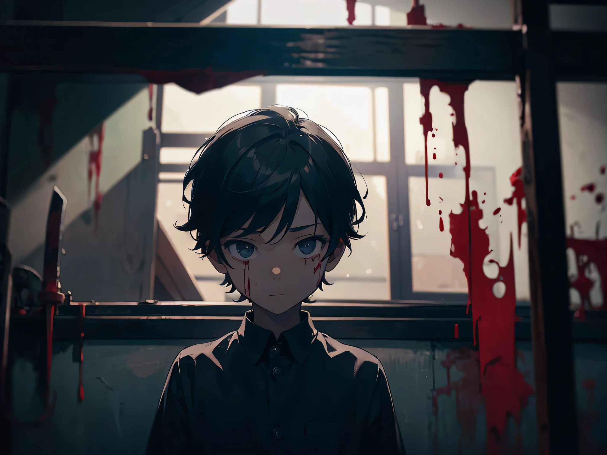 a boy，five-year-boy，alone，short hair，black hair，wearing shirt，holding a knife，indoors，Blood跡，Blood，dark style，dark filter