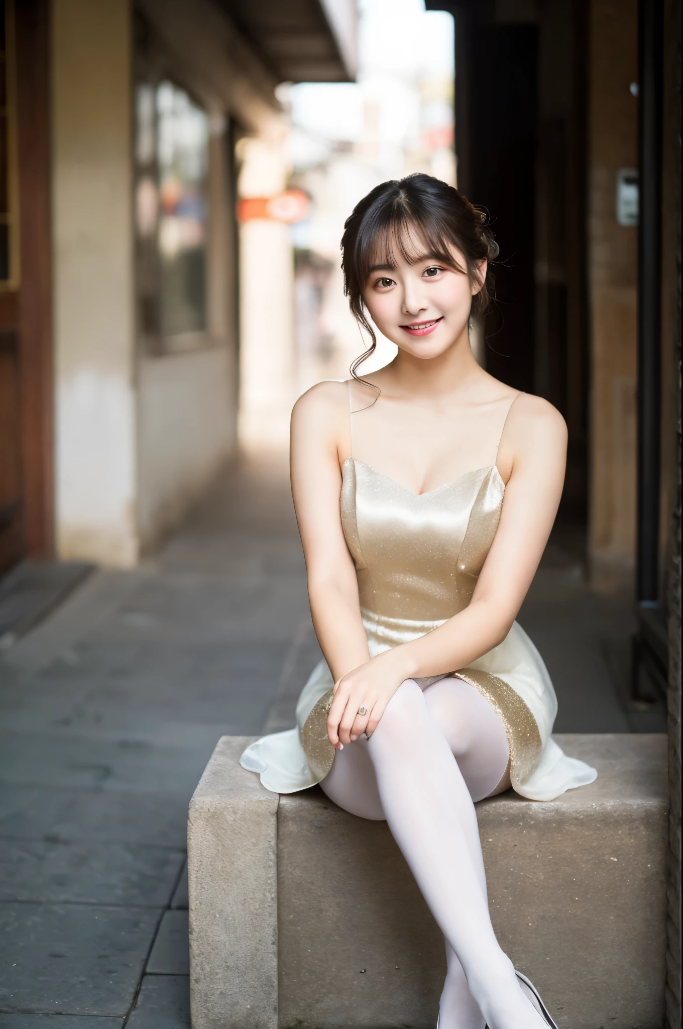 ulzzang-6500-v1.1, (RAW photo:1.2), (Photoreal), beautiful detailed girl, (genuine: 1.4), very detailedな目と顔, beautiful and fine eyes, (((Upper class girl wearing elegant formal dress in random colors:1.3)))、(super realistic pantyhose:1.2), (high heels:1.2), (I keep my hair up and short)、 (very kind smile:1.2)、huge file size, High resolution, very detailed, highest quality, [masterpiece:1.6], enlightenment, very detailed, nffsw, finely, highest quality, 8k wallpaper, movie lighting, 1 girl, 17 years old, perfect body shape, cute droopy eyes beautiful big eyeuste piece)), highest quality, 1 girl, eye shadow, Upper body, portrait, ((full body shot:1.3))、