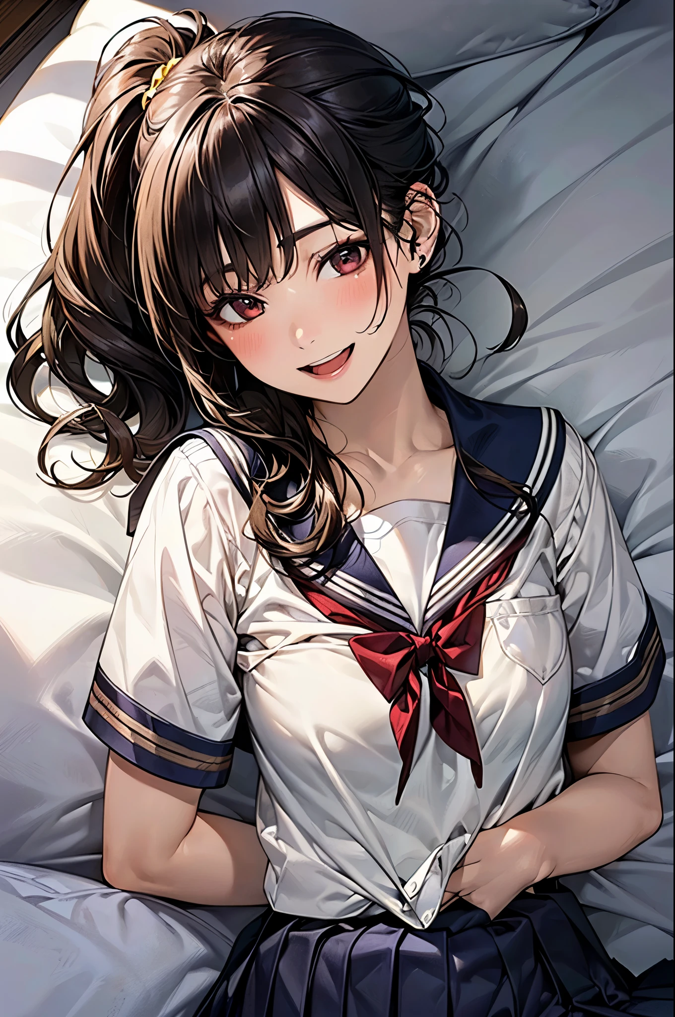 Anime girl laying in bed with her head on her stomach - SeaArt AI