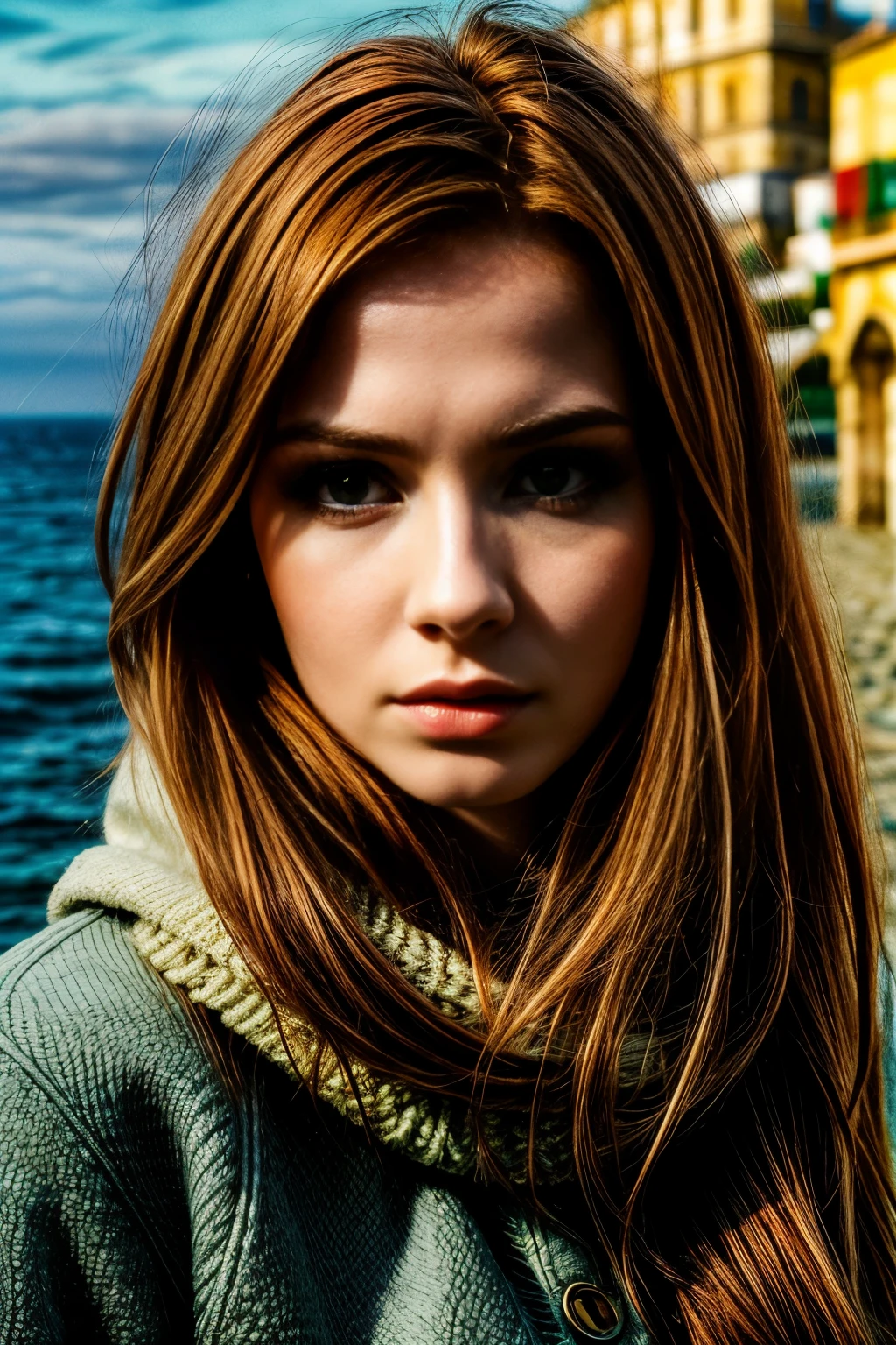 Arafed woman with long brown hair standing on a beach - SeaArt AI