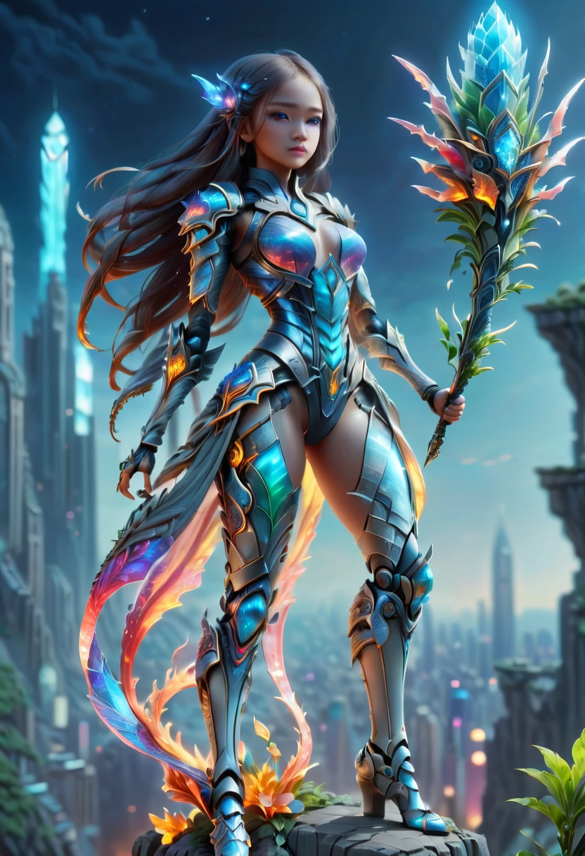 1女孩, 英雄站在悬崖之巅俯瞰未来之城，发光的魔法剑，穿着以太光甲，飘逸斗篷战争风，动态姿势，英雄的表情，生动的日落天空，高幻想科幻混合城市景观，外来植物，先进的技术，霓虹灯，宽阔的肩膀，坚固的眼机械水晶枪:1.5）,（长发：1.1），（清晰的肌肉张力），晶莹剔透，清晰聚焦，鲜艳的色彩，史诗般的风景，（艺术：1.3），概念艺术风格， （广角）、（最好的质量、8千、高分辨率、杰作）、非常详细